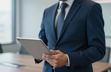 A financial analyst in a North American / US boardroom, holding a glass tablet, sophisticated steel blue tones.