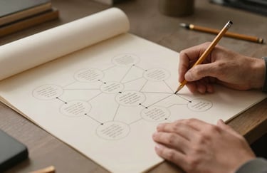 Hands of a writer in a North American / US studio, mapping out a story structure on a large sheet of soft off-white paper. They are using a pencil to connect ideas. The workspace is organized and features elements of warm taupe and earthy brown.