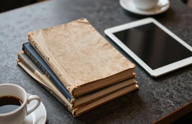 A stack of vintage academic journals and a modern tablet on a dark charcoal table in a North American / US cafe. The composition is from a top-down angle, highlighting the blend of tradition and modern technology. Soft off-white ceramic cups are visible in the corner.
