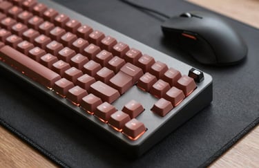 A close-up of a modern mechanical keyboard with a subtle terracotta backlight. Beside it lies a high-precision mouse on a charcoal desk mat. The image represents technical expertise and the tools of a professional engineer in a South American setting.