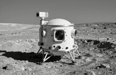 An artistic rendering of a moon-base module in a crater, using a monochromatic #8C9DAF palette with sharp #0A0A0C shadows.