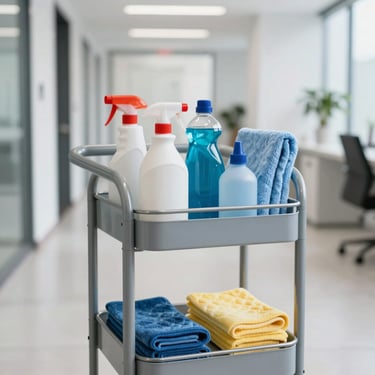 A professional cleaning cart neatly organized with bottles, microfiber cloths, and equipment in a bright, modern office hallway, minimalist and clean aesthetic.