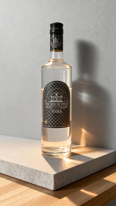 A bottle of The House Pour Vodka on a stone surface with warm sunlight and shadows.