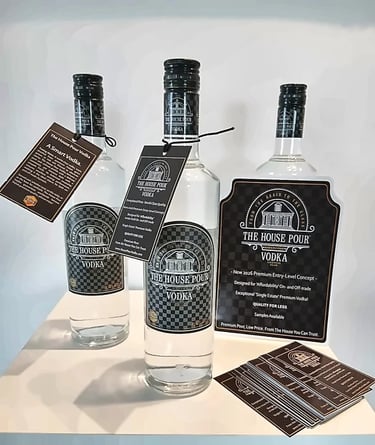Three glass bottles of The House Pour Vodka with premium black labels and hanging product tags.
