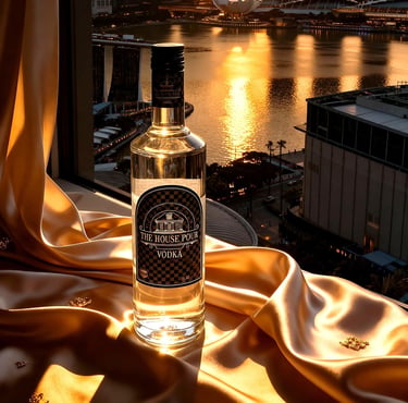 Een fles House Pour Vodka op een zijden doek met een zonsondergang boven de Marina Bay van Singapore