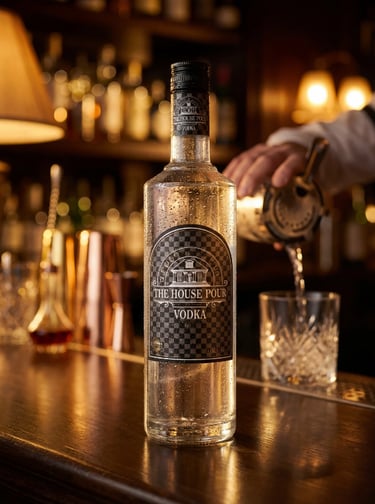 A bottle of The House Pour Vodka on a bar counter as a bartender prepares a cocktail in the background.