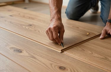 A craftsman's hand installing high-quality wooden flooring in a North American / Canadian (with South Asian cultural influence) house. Focus on precision and detail.
