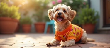 Perrito feliz con sueter personalizado con figuras impresas color rosa con fondo naranja