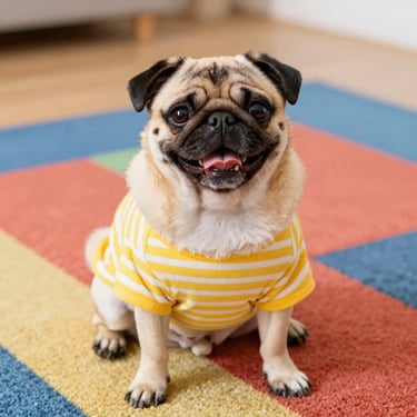 perrito pug color miel con playera de rayas amarilla con blanco