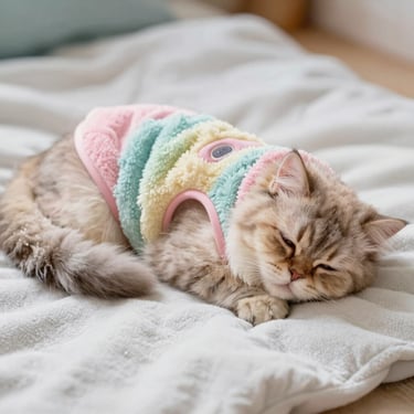 Gatito  con sueter de tela tipo toalla en colores pastel