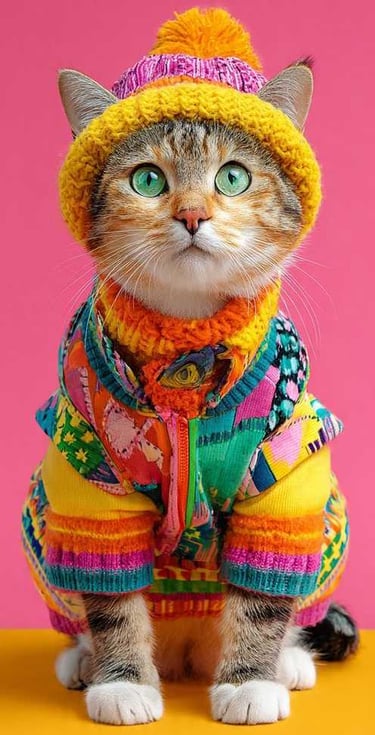 gatito tricolor con sueter llamativo y con elegancia