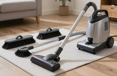 A collection of high-tech chimney sweeping brushes and a vacuum unit neatly organized on a protective mat in a clean North American home setting, showing professional precision.