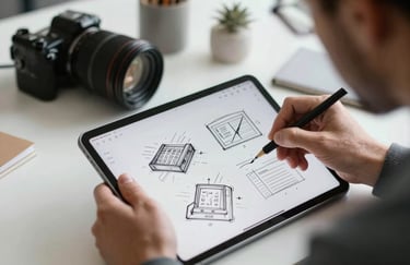 A close-up of a North American tech professional sketching detailed app wireframes on a tablet in a bright, airy design studio.