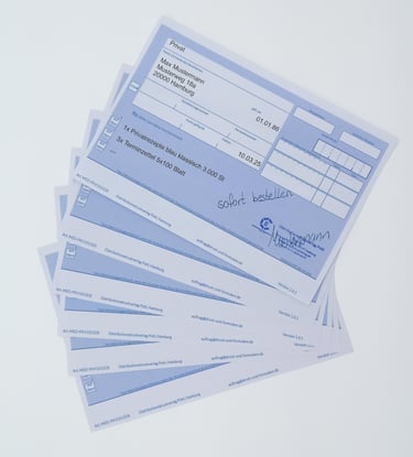 Stack of blue German private medical prescription forms for healthcare prescriptions and patient records.