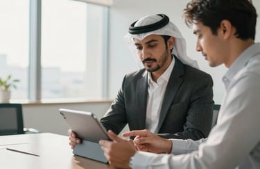A Middle Eastern / Gulf professional in business attire demonstrating the features of a new tablet to a colleague in a bright, modern corporate office. Natural morning light.