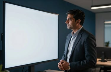 A professional photography shot of a South Asian / Indian strategist looking at a clean, large digital display in a contemporary office setting, lit with soft metallic gold and deep navy blue ambient light.