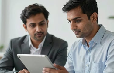 A close-up of two South Asian / Indian professionals collaborating over a sleek tablet, showing a focused and high-trust corporate interaction in a light mist gray and clean white environment.