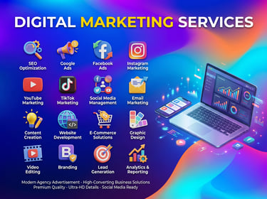Digital marketing services poster featuring SEO, Google Ads, Facebook Ads, Instagram market