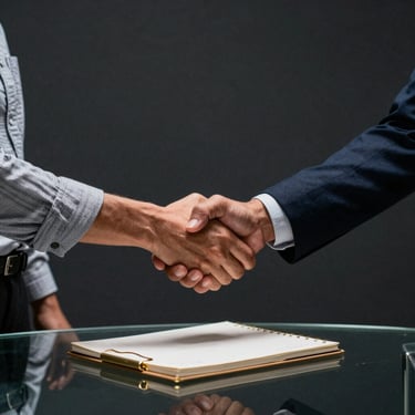 Action shot of two professionals shaking hands over a glass table with a gold-edged notebook, set against a dark, minimalist office backdrop in South Africa.