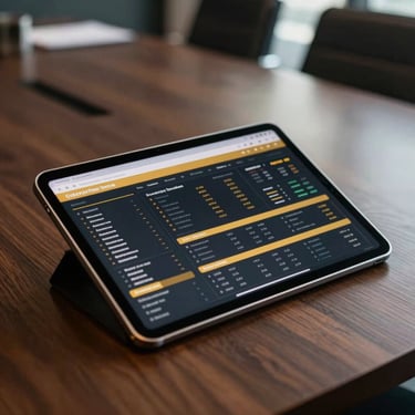 A close-up of a modern tablet displaying a data-rich marketing dashboard with gold highlights, sitting on a dark wooden table in a luxury Johannesburg boardroom.