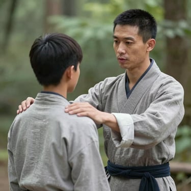 An instructor in traditional attire showing a student how to align their shoulders, forest backdrop, focused and educational atmosphere.