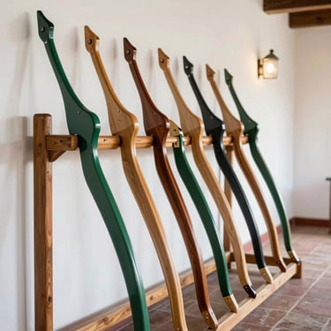 A row of wooden bows leaning against a rustic rack in a Spanish clubhouse, made of forest green and natural wood tones, elegant composition.