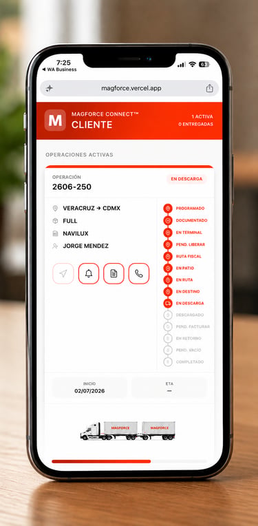A mobile interface of the Magforce Connect logistics app showing real-time freight tracking and shipment status.