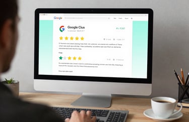 A professional workspace with a keyboard and a cup of coffee, featuring a screen showing positive customer reviews on Google, #E0F2F7 lighting.