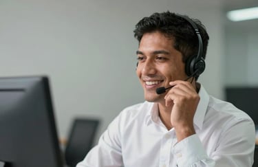 A professional South American worker in a crisp white shirt smiling while talking through a headset, representing reliable and friendly service.