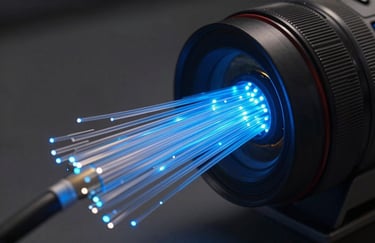 A conceptual shot of blue digital light pulses moving through fiber optic cables, symbolizing fast and reliable communication technology.