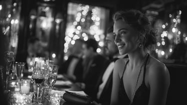 Elegant woman in evening gown at a formal dinner party with bokeh lights and wine glasses.