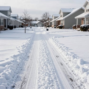 A wide shot of a residential driveway in a North American suburb covered in snow, showing a clear, plowed path after a professional service. The scene is crisp and efficient.