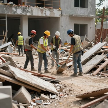 A professional crew clearing construction debris and discarded building materials from a renovation site.
