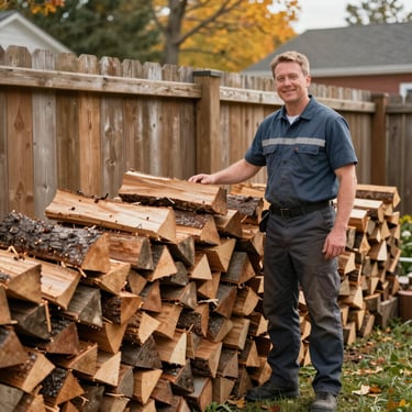 A professional in work attire stacking seasoned firewood neatly against a wooden fence in a well-maintained North American backyard during the autumn.