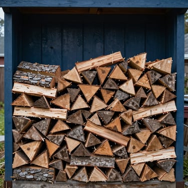 A neatly stacked cord of split firewood arranged against a dark blue wooden structure in a suburban backyard.