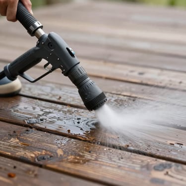 Close-up of a pressure washing nozzle cleaning a weathered wooden deck to a like-new finish.