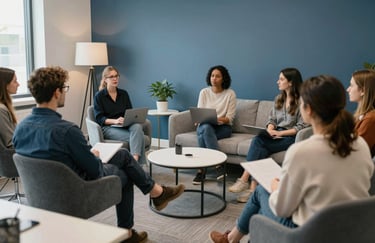 A serene indoor setting in a Canadian office where a group is engaged in a supportive workshop. Modern furniture with a medium blue and off-white color palette.