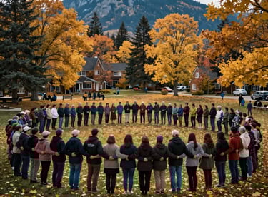 A wide shot of a peaceful community gathering in a Canadian park during autumn, people standing together in unity. Gold and dark blue tones.