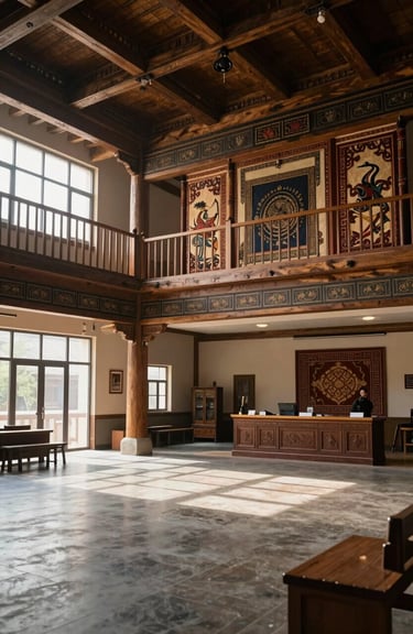 An interior shot of a cultural hall where traditional heritage elements are integrated into a modern North American design. High-quality empathetic lighting.