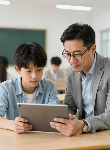 A medium shot of a mentor and a youth looking at a digital tablet in a bright, modern educational center. Clean composition and focused atmosphere.