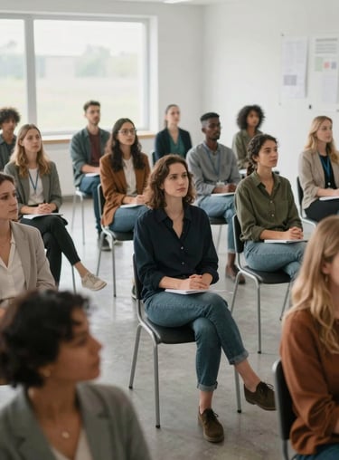 A high-angle photo of engaged participants at a community seminar in a bright, airy professional space, expressing hope and empowerment.