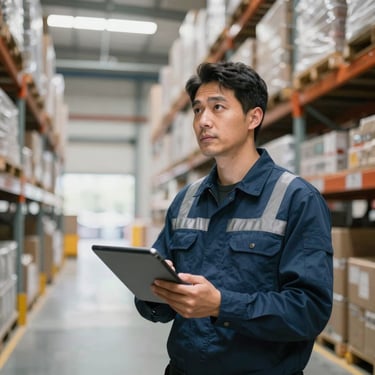 A logistics supervisor wearing a professional uniform inspecting stock with a tablet in a bright, modern Brazilian warehouse facility.