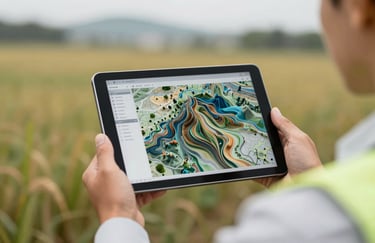 An engineer hands holding a modern digital tablet displaying a 3D topographic model in an outdoor field environment.