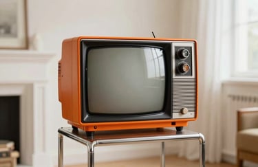 A designer 1975 television set with orange plastic casing on a chrome stand, in a bright European / French interior.