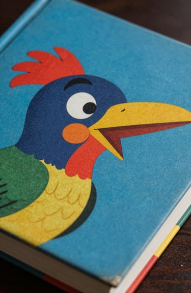 A close-up photograph of a colorful illustrated book cover featuring a bird character, in the style of 1970s French graphics, steel blue background.