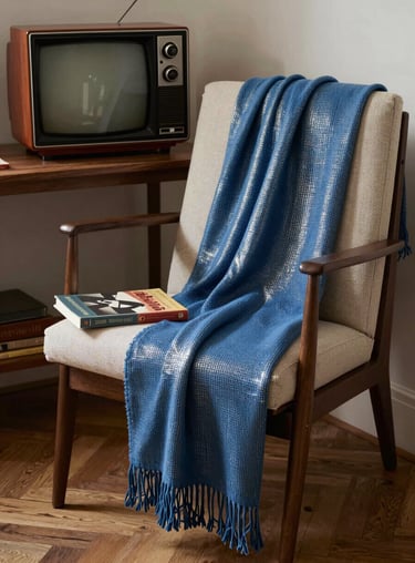A cozy reading nook in Paris with a mid-century modern chair, a steel blue throw, and a book about vintage television.