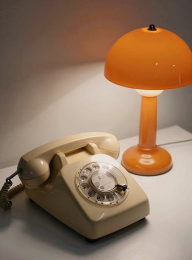 Still life of 1980s design objects including a rotary phone and a plastic lamp in burnt orange and cream colors.