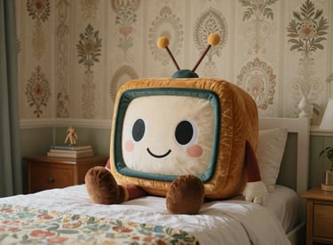 A child's bedroom in a European / French home with retro wallpaper, featuring a large plush creature resembling a 70s TV mascot.
