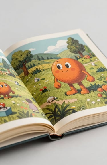 An open illustrated book showing a whimsical landscape with a large orange character, nostalgic and playful style.