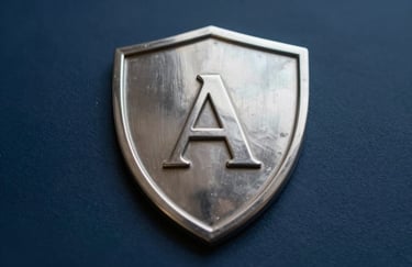 A photorealistic image of a polished silver shield emblem placed on a dark blue background, symbolizing protection and financial security for retirees, elegant lighting.